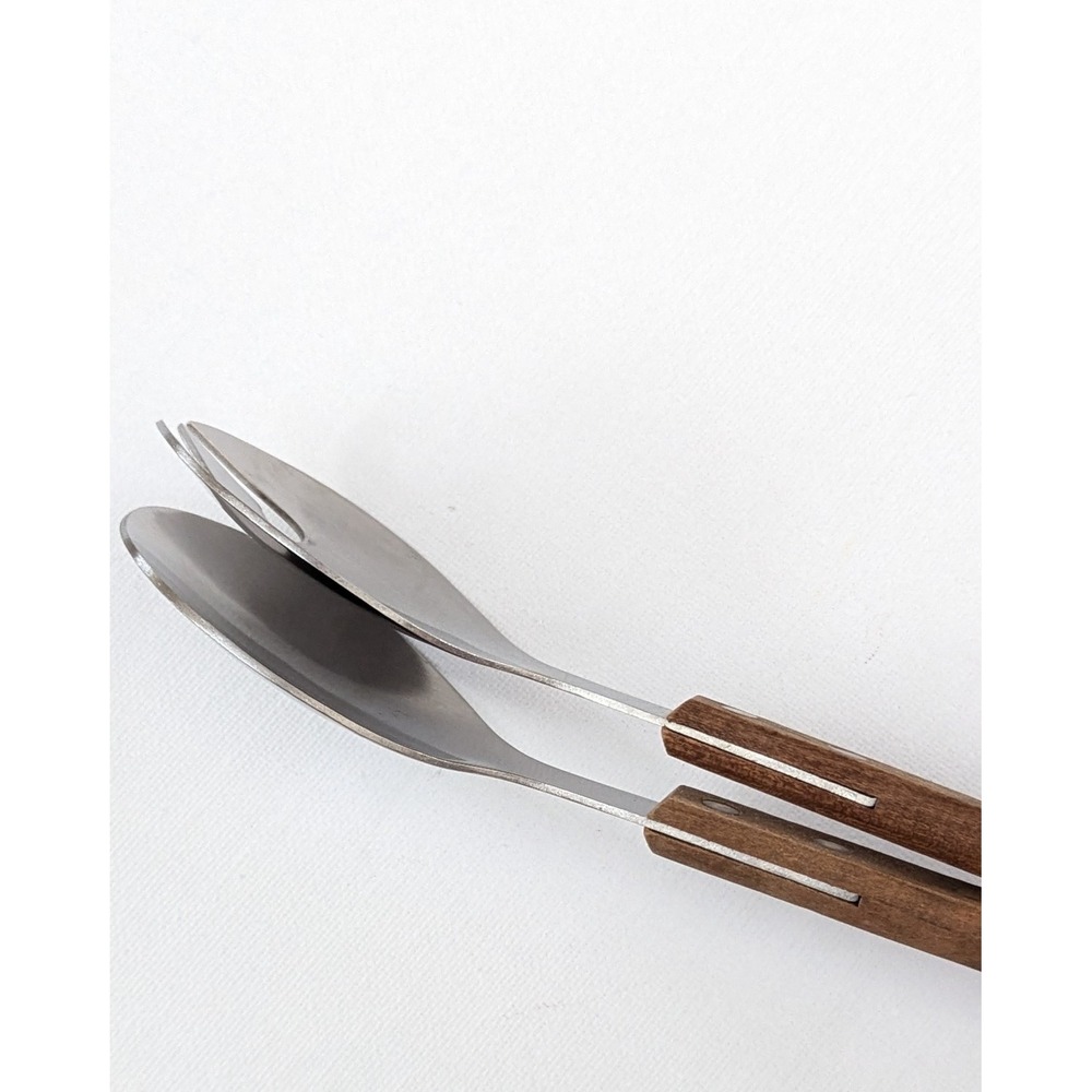 Vintage MCM Stainless Steel Wood Handle Salad Tongs Serving Fork Spoon Japan - Picture 7 of 7